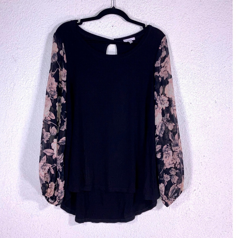 Maurices Womens Black Floral Sheer‎ Long Sleeve Keyhole Back Blouse Top Size 0
